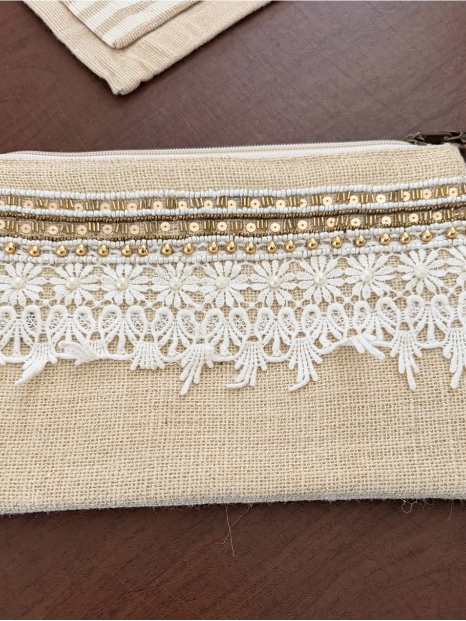 Beige Canvas Clutch With White Lace & Gold Accents